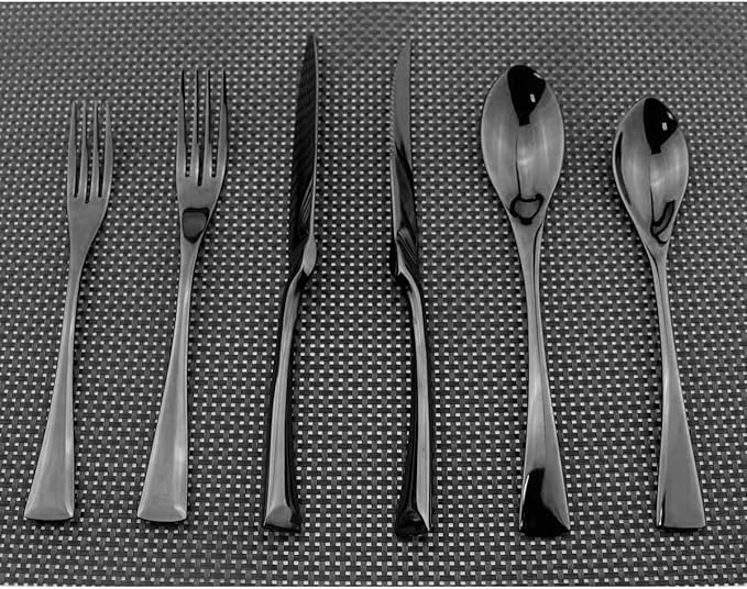 Flatware Set 18/10 Stainless Steel Mirror Polished Black Cutlery - Silverware Utensil Set of Serrated Steak Knife Dinner Fork Knife Spoon Salad Fork Dessert Spoon,24 Piece Service for 4