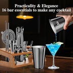 IOV Mixology Bartender Kit Bar Set with Stand | 17-Piece Cocktail Shaker Set | 28oz Boston Shaker Drink Mixer Set with All Essential Accessory Tools | Fun Housewarming Gift (Black)
