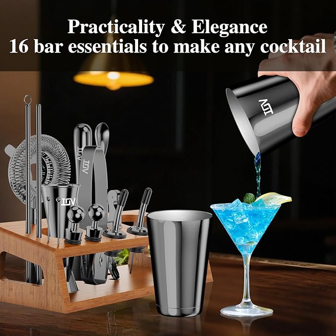 IOV Mixology Bartender Kit Bar Set with Stand | 17-Piece Cocktail Shaker Set | 28oz Boston Shaker Drink Mixer Set with All Essential Accessory Tools | Fun Housewarming Gift (Black)