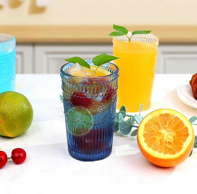 6pcs Vintage Drinking Glasses Set, 12 oz Blue Highball Glasses, Embossed Ribbed Glassware Cups for Cocktail, Water, Juice, Coffee, Whiskey