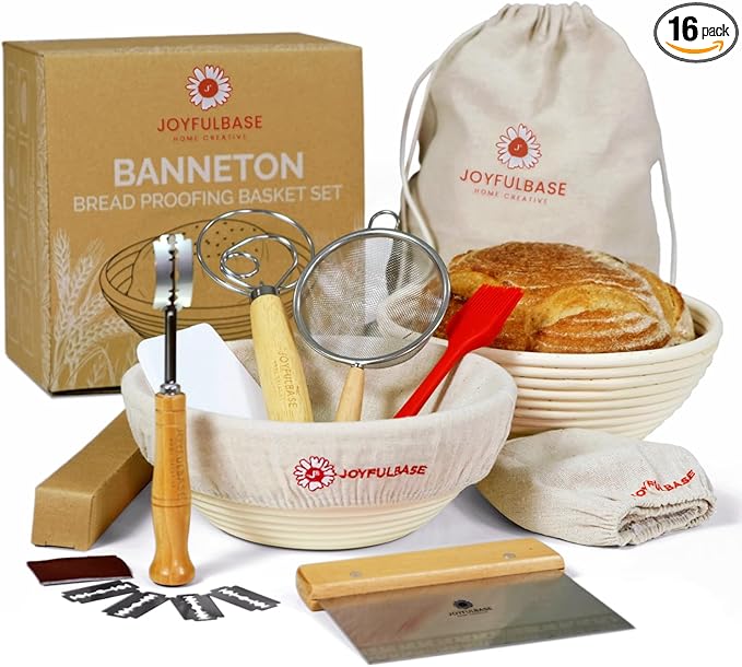 Bread Proofing Basket- 9-Inch Round Banneton Set Of 2- Sourdough Bread Baking Supplies complete tools- Dough Proofing Basket for Fermentation- With Linen Bread Bag + 16 Included Accessories For A Gift