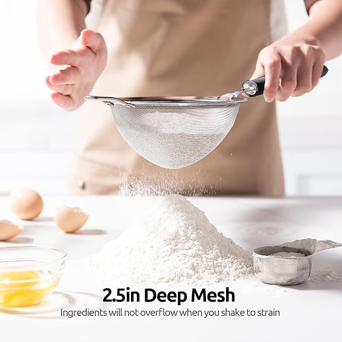 18/8 Stainless Steel Mesh Strainer: U-Taste 5.5 Inch Kitchen Fine Mesh Sieve Food Colander with Riveted Sturdy Silicone Handle and 30 Mesh Hole for Straining Flour, Pasta, Fruit, Quinoa (Black)