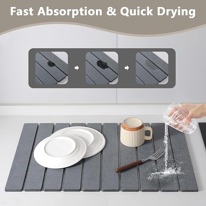 Large Stone Drying Mat for Kitchen Counter, 24''L x 16''W Diatomaceous Earth Collapsible Dish Drying Mat, Quick Drying Mat for Dishes, Bottles and Cups, Matches Any Countertop (Dark Gray)
