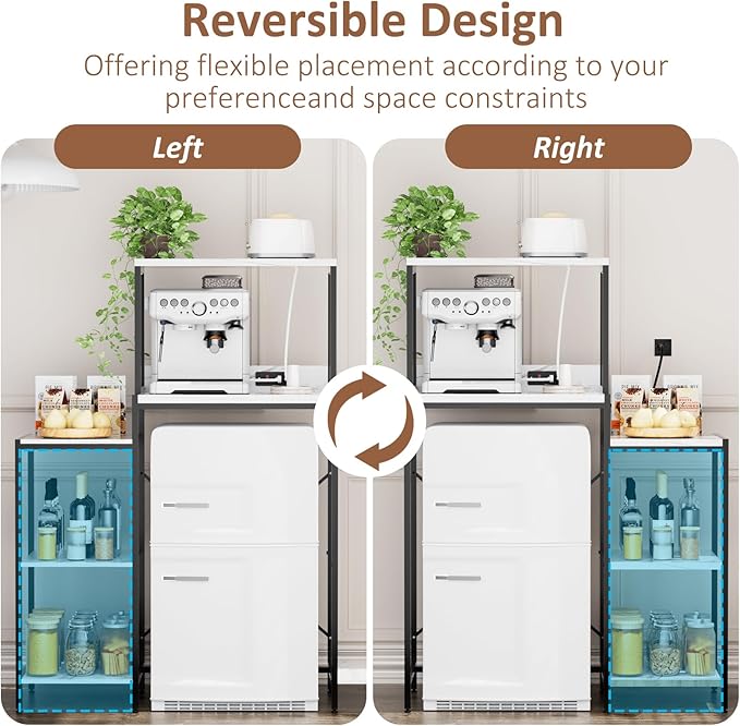 Mini Fridge and Microwave Stand Over Refrigerator Storage Shelf with Power Outlet, 5 Tiers Adjustable Bakers Rack Cabinet Coffee Bar Appliance Organizer for Dorm Office,Marble-Look