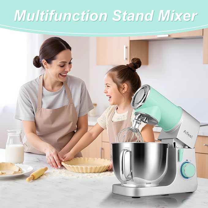 Aifeel Stand Mixer, 6.5QT Mixer with 2QT Ice Cream Maker Bowl, Kitchen Electric Mixer Multifunctional Bread Dough Mixer with Dough Hook,Whisk & Beater, Food Mixer for Baking (Green-Silver)