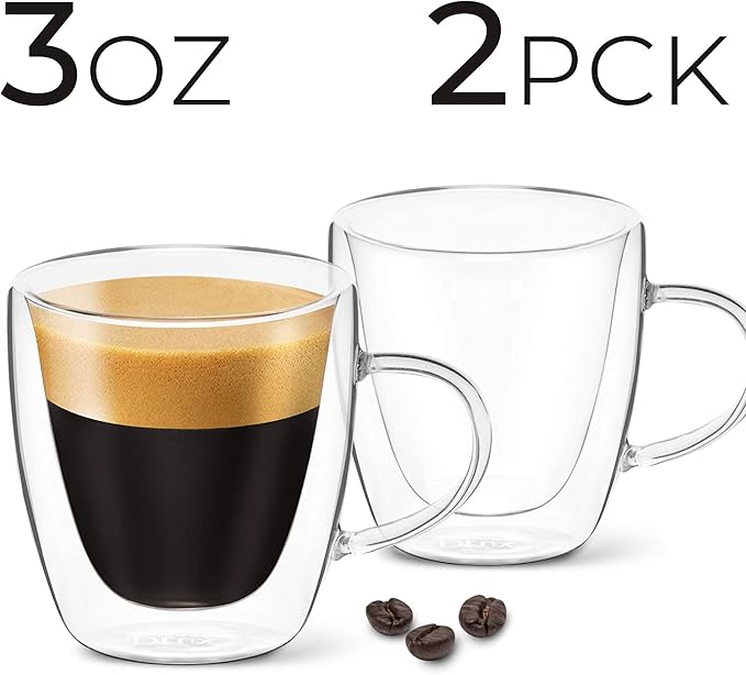 DLux Espresso Coffee Cups 3oz, Double Wall, Clear Glass Set of 2 Glasses with Handles, Insulated Borosilicate Glassware Tea Cup