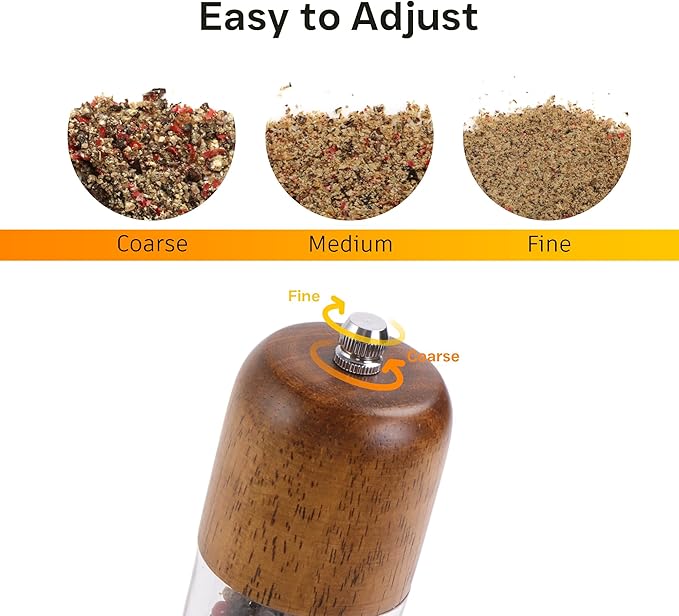 Wood Salt and Pepper Grinder, Salt Grinder and Pepper Mill, Oak Wood Shakers with Adjustable Ceramic Grinders - 8 inches, 1 Pack