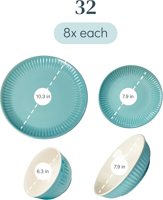 Stoneware Dinnerware Set for 8 People HYGGE 32-Piece - Elegant Scandi Design - Premium Dish Set - Bowl and Plate Set - Tableware for 8 People in a Ribbed Design - Pure Living in Green
