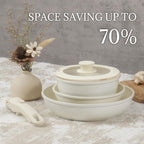 Ceramic Cookware Set Non Stick 8Pcs Pots and Pans Set Detachable Handle Induction Kitchen Cooking Set with Frying Pans Oven Dishwasher Safe, PFAS/PFOA Free, Cream White