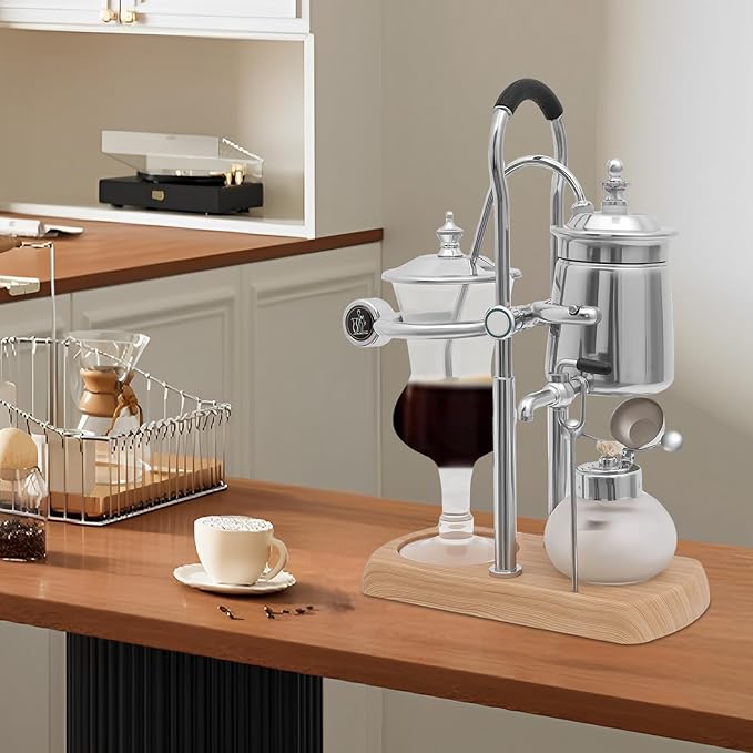 Belgian Balance Siphon Coffee Maker, Vintage Syphon Coffee Machines Vacuum Brewing System, Gold Royal Family Coffee Makers with handle for Home, Café shop (400ml/13.53oz) (Silver)