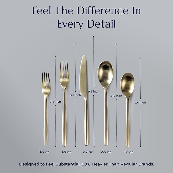 JazzUpCo Ava Flatware Flatware non toxic 18/10 stainless steel dishwasher safe (Matte Champagne Gold, 8 Person Set (40 Pieces))