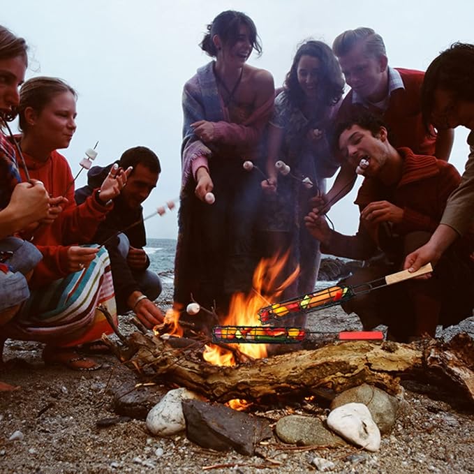 Kabob Grilling Set - 6 Non-Stick Grill Baskets & 6 Stainless Steel Skewers - Long Handle, 15.5 Inch, Steel