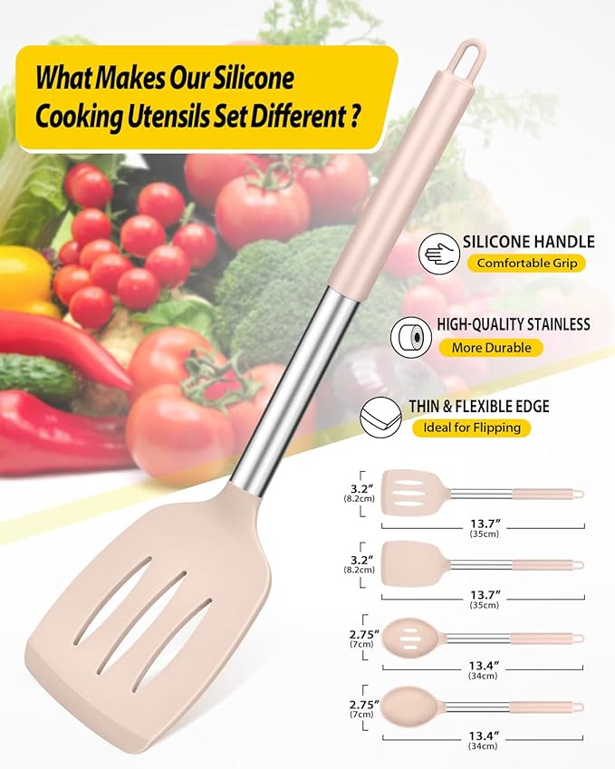 Pack of 4 Silicone Cooking Utensils Set, Non Stick Large Solid Spatulas, Heat Resistant Stainless Steel Khaki Slotted Spoons, Ideal BPA Free Kitchen Turners for Frying, Mixing,Serving,Draining,Turning