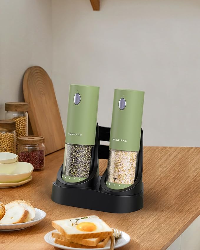Electric Salt and Pepper Grinder Set - Automatic Refillable Salt and Pepper Grinders with Charging Base & LED Light, 6-Level Adjustable Coarseness with External Dial, Ideal Kitchen Gadget，Green