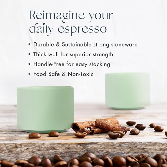Folk Ceramics Leonard Ceramic Espresso Cups | Modern Stackable Demitasse Mugs for Espresso | Double Walled, Handleless, Durable, Dishwasher & Microwave Safe | 3oz, Set of 2 | Misty Green