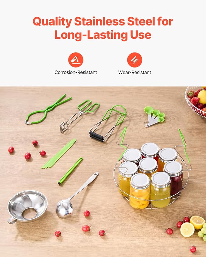 VEVOR Canning Supplies Starter Kit, 9 Pieces Stainless Steel Water Bath Canning Kit for Beginners, Canning Tools Set: Rack, Ladle, Measuring Spoon, Funnel, Tongs, Jar Lifter, Jar Wrench