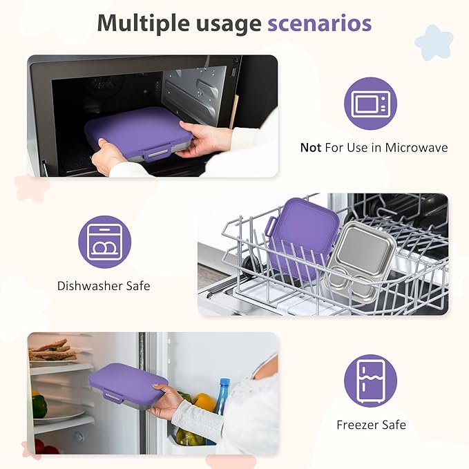 Stainless Steel Bento Box Kids, Leak Proof Metal Bento Lunch Box,3 Compartments 304 Stainless Steel Bento Lunch Containers for School and Office,Dishwasher Safe, BPA-Free(Purple)