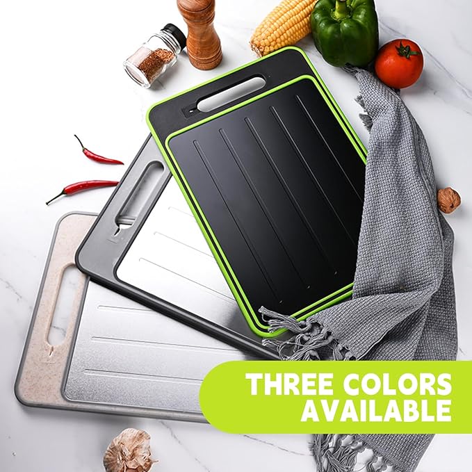 Cutting Board Double Sided,2 Pcs Vegetable Board With Sharpening Stone,Large Size+Small Size,Food Grade Stainless steel and Wheat straw PP Material,Eco-Friendly and Easy to Clean (grey)