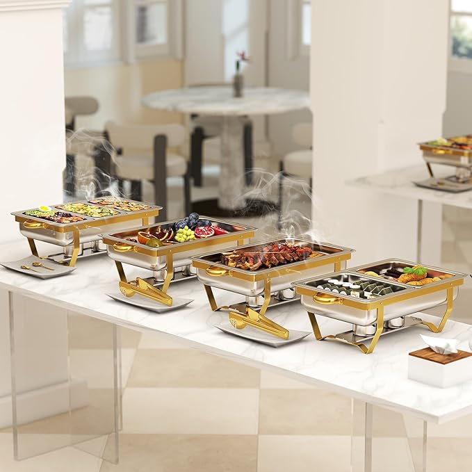4 Pack Stainless Steel Chafing Dishes for Buffet, 9 QT Capacity 7 Pans Food Warmers for Parties, Weddings, Events Hosting, Family Gatherings, Full Set Catering Server with Serving Utensils Accessories