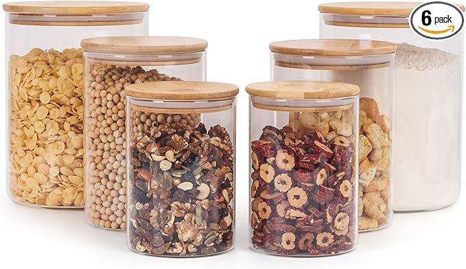 Glass Storage Containers with Lids, Glass Jars with Bamboo Lids, Large Food Storage Jar, Sugar, Pantry Storage Container for Pasta Rice Flour Oats Nuts Tea Spice (Round 27oz*2+54oz*2+100oz*2)