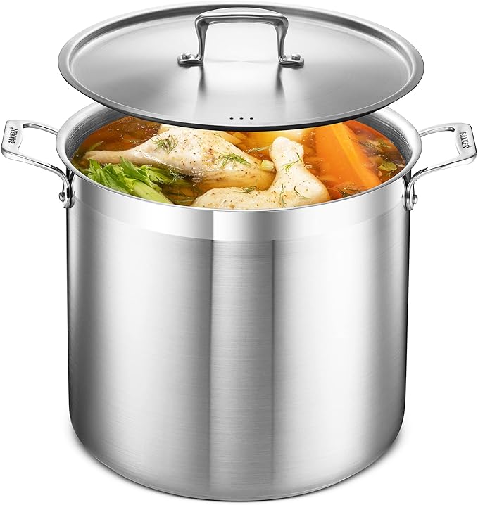 Stainless Steel Stockpot with Lid 20 Quart, Durable 18/8 Stainless Steel, Impact-Bonded Base for Even Heating, Riveted Handles, Oven & All Stove Compatible, Safe Up To 500°F (260°C)