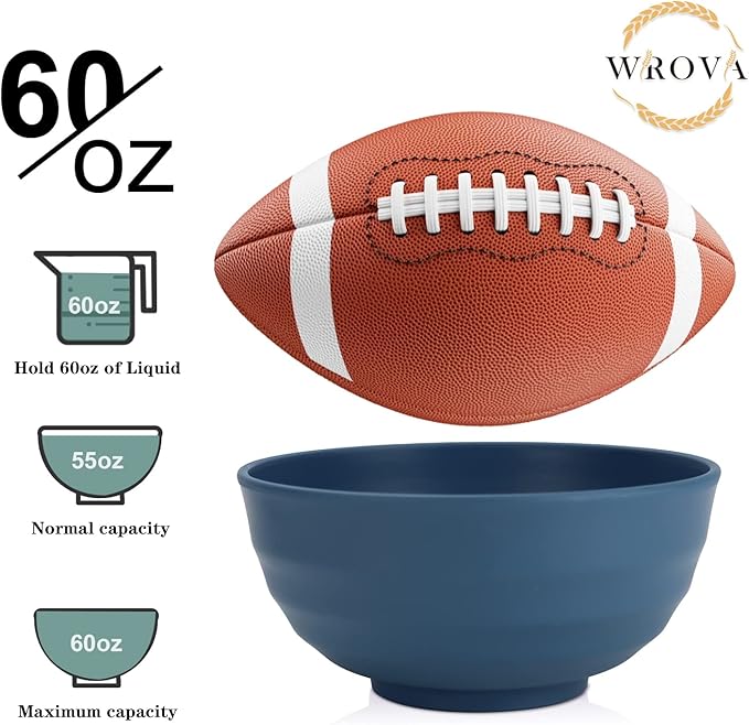 Wheat Straw Bowls Set 60 OZ Unbreakable Large Cereal Bowls Set of 6 Microwave and Dishwasher Safe Bowls Big Bowls for Camping and Party BPA Free Soup Bowl for Serving Oatmeal and Salad (Blue)