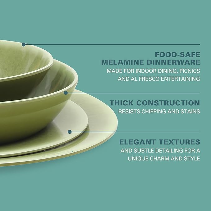 Gibson Home Casper Court 16-Piece Melamine Dinnerware Set – Green Reactive Glaze Look Plates and Bowls, Service for 4 – Top Rack Dishwasher Safe Everyday Dining Set