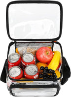 FlowFly Insulated Reusable Lunch Bag Adult Large Lunch Box for Women and Men with Adjustable Shoulder Strap,Front Zipper Pocket and Dual Large Mesh Side Pockets, Clear