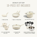 GreenLife Soft Grip 16 Piece Cookware Set, Non-Toxic PFAS-Free Ceramic Nonstick, Frying, Sauce, Saute, Utensils, Glass Lids, Stay-Cool Handles, Wobble Free, Dishwasher & Oven Safe, Cream