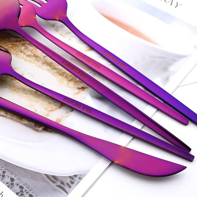 24Pcs Purple Mirror Silverware Flatware Set, 18/0 Stainless Steel Cutlery Set Utensils Kitchen Dinnerware Include Knife Fork Spoon and Teaspoon, Service for 4