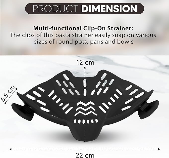Clip On Strainer, Pot Strainer for Pasta, Vegetables, Fruit and Meat- Kitchen Silicone Strainer Colander for All Pots, Pans and Bowls (Black)