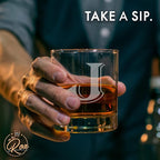 On The Rox Drinks (J-Monogram)- 4 Piece Set of 11 Ounce Engraved Heavy Base Rocks Glasses- Quality Elegant Glass-Multi-Purpose Beverage-Rocks Glass- Gift for any Occasion