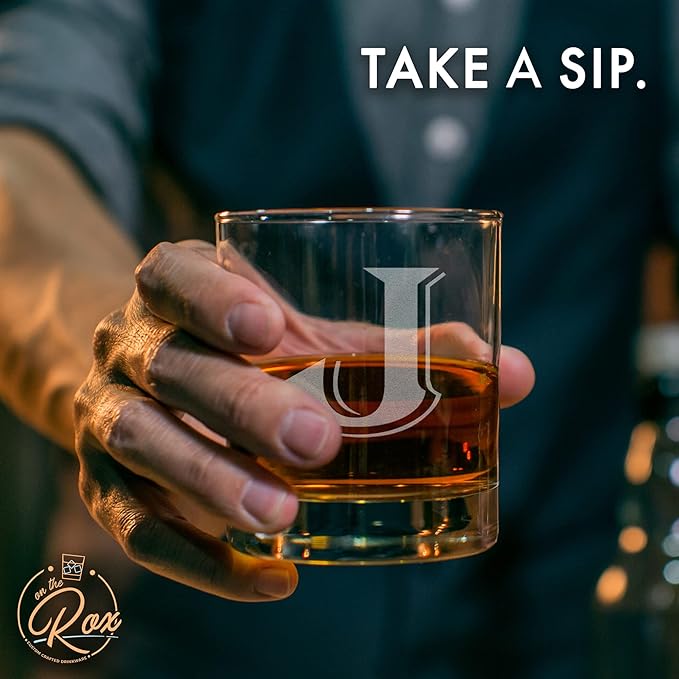 On The Rox Drinks (J-Monogram)- 4 Piece Set of 11 Ounce Engraved Heavy Base Rocks Glasses- Quality Elegant Glass-Multi-Purpose Beverage-Rocks Glass- Gift for any Occasion