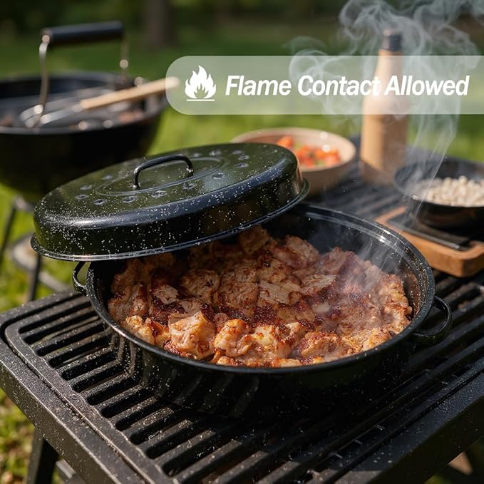 15"Oval Roasting Pan With Lid Small Chicken Roaster With 13.7in Inner Diameter Enamel Steel Roasting Pot Suitable for Outdoors Family Dinnerhigh Temperature Resistance Holiday Gifts