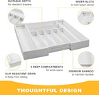Large Premium Bamboo Silverware Organizer - Expandable Drawer Organizer & Utensil Organizer - 17"x19.7" Cutlery Tray with Dividers for Kitchen Utensils and Flatware (7-9 Slots) (White)