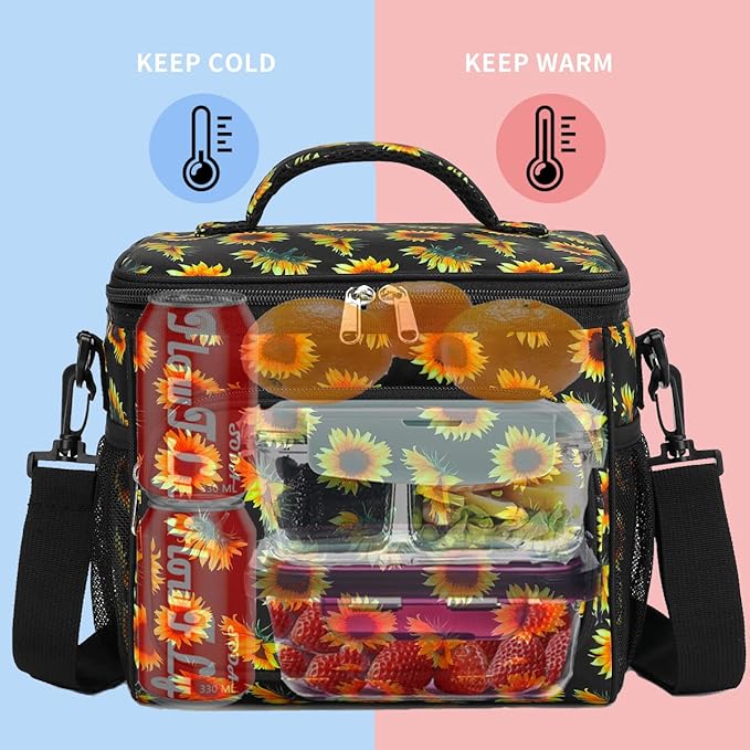 FlowFly Insulated Reusable Lunch Bag Adult Large Lunch Box for Women and Men with Adjustable Shoulder Strap,Front Zipper Pocket and Dual Large Mesh Side Pockets,Sunflower