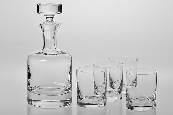 European-Made Decanter Gift Set | 1 Handmade European Lead-free Crystal Decanter with Stopper (30 Fl Oz) & 4 Crystal Whisky Glasses (11 FL Oz)