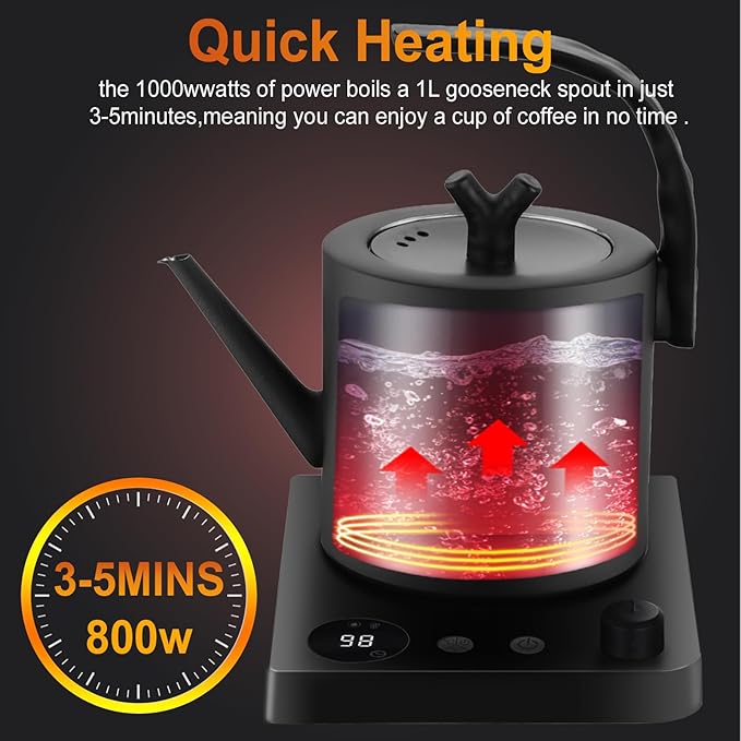 1.0L Gooseneck Electric Kettle with Temperature Control, 304 Stainless Steel Tea Kettle, Auto Shut-Off & 360° Smart Base, 800W Fast Boiling BPA-Free, Matte Black for Home/Office/Coffee/Tea