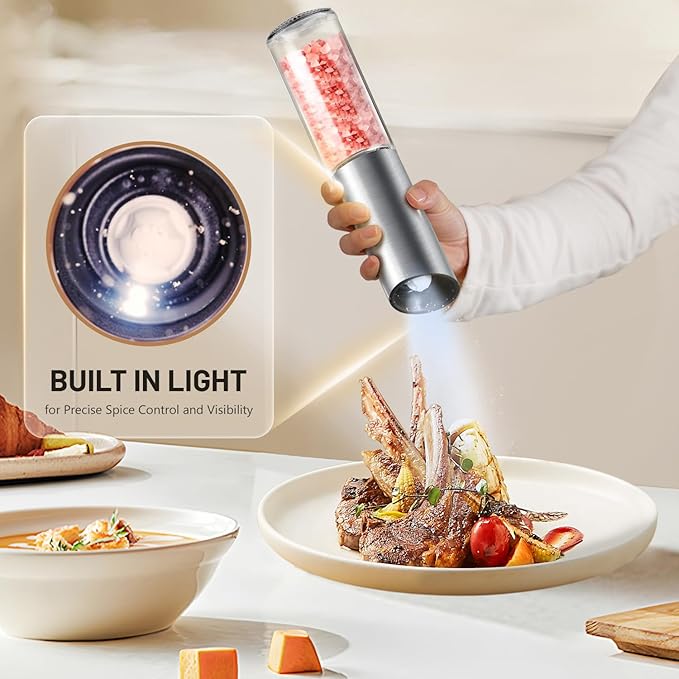 Gravity Electric Salt and Pepper Grinder Set, USB Rechargeable Stainless Steel Mills with Large Capacity Tall Glass, LED Light, Adjustable Coarseness, Ideal for Kitchen and Dining(2PCS)