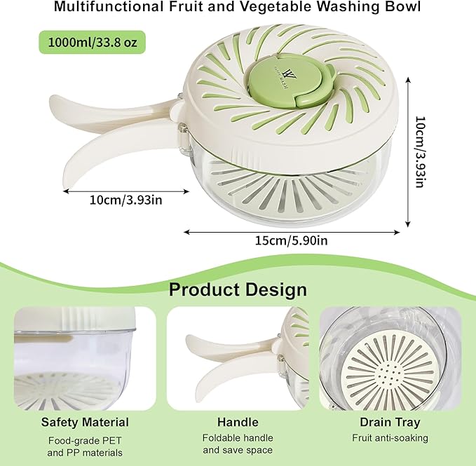 2025 New Fruit Strainer Container with Lid, 1QT(1L) 2 in 1 Drainer Basket with Foldable Handle, Multifunctional Colander for Kitchen and Camping, Suitable for Washing Berry, Vegetables, Rice