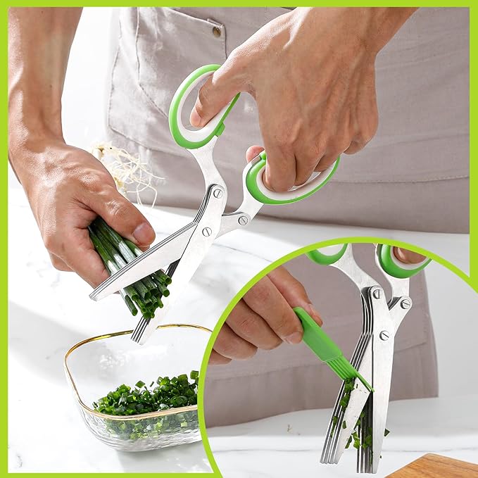2025 Herb Scissors Set - Classic green 5-Blade Design with Cover and Comb - Skin-Friendly Handle for Comfortable Grip - Dishwasher Safe, Rust-Resistant Stainless Steel for Fresh Herbs