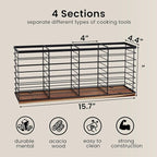 Extra Large Kitchen Utensil Holder with 4 Compartments,Metal Utensil Organizer with Acacia Wood Base for Kitchen Countertop, Flatware Organizer for Silverware and Cooking Utensils Crocks