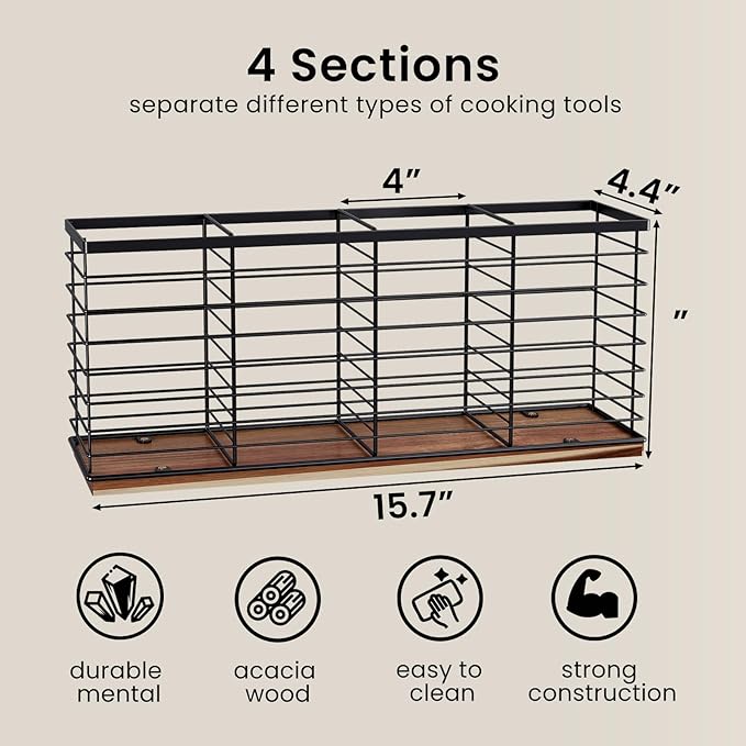 Extra Large Kitchen Utensil Holder with 4 Compartments,Metal Utensil Organizer with Acacia Wood Base for Kitchen Countertop, Flatware Organizer for Silverware and Cooking Utensils Crocks