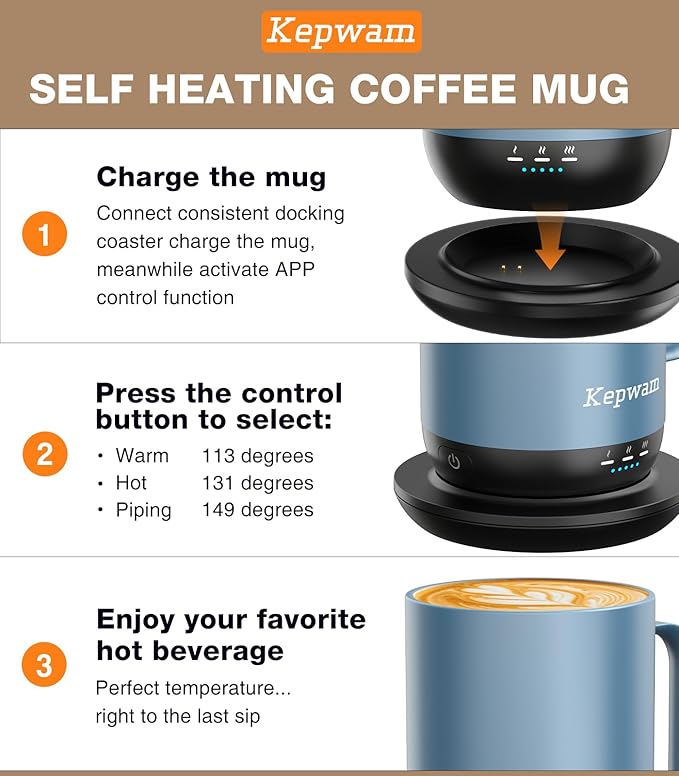 Self-Heating Coffee Mug T1-16oz, Fast Heating Rechargeable Heated Coffee Mug, Smart Mug with App & Button Control, Ideal Gift for Coffee Lovers & Hot Drink Enthusiasts