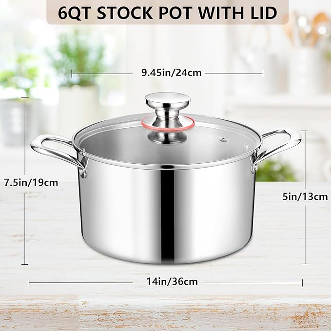 Stainless Steel Stock Pot, Homikit 6QT Large Stockpot with Glass Lid, Heavy Duty Tri-ply Pasta Chicken Soup Pot Induction Cookware for Steaming and Stewing, Dishwasher Safe