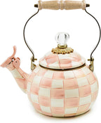 MACKENZIE-CHILDS Enamel Whistling Tea Kettle, Decorative Teapot, Pink-and-White Rosy Check