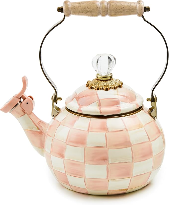 MACKENZIE-CHILDS Enamel Whistling Tea Kettle, Decorative Teapot, Pink-and-White Rosy Check