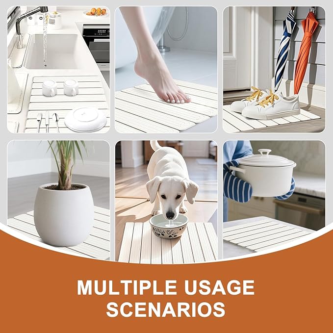 Large Stone Dish Drying Mat for Kitchen Counter, 24"x16" Quick Dry Collapsible Diatomaceous Earth Dish Drying Mat, Water Absorbent Drying Mat for Dishes Bottles Cups Bathroom, White with Grooves