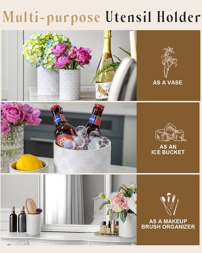 Kitchen Utensil Holder - 7.2"+5.4" Ceramic Utensil Holder for Countertop, Spatula Holder for Counter, Large Embossed Utensil Crock, Farmhouse Utensil Vase for Housewarming, Kitchen Decor, Set of 2