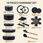 Ammeloo 18 Pcs Pots and Pans Set Non Stick, Induction Ceramic Cookware Set with Detachable Handle,Non Toxic Kitchen Cooking Set with Removable Handle for RVs,Camping,Fridge, Dishwasher/Oven Safe,Black